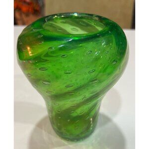 Vintage green art glass vase, hand-blown, controlled bubbles, a glassmaking tech